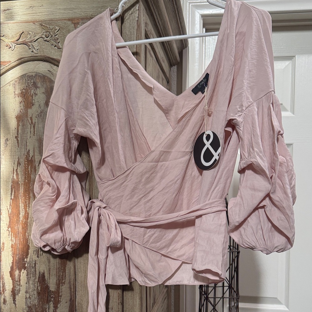 Ampersand Atelier Blush Wrap Blouse with Balloon Sleeves